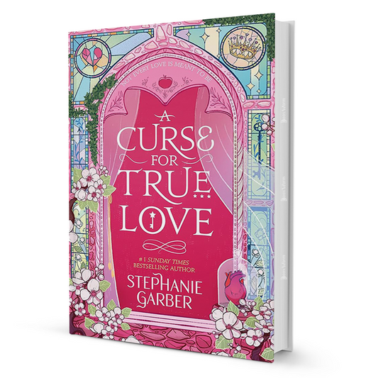 Book cover of A Curse for True Love by Stephanie Garber featuring pink stained glass and floral details