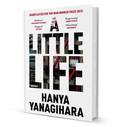 A Little Life by Hanya Yanagihara fiction novel, white cover with city building text art