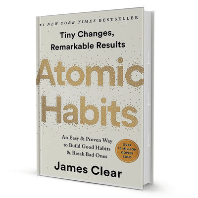 Atomic Habits by James Clear book cover, self-help bestseller for building good habits