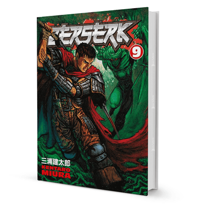 Berserk Volume 9 manga cover by Kentaro Miura featuring armored warrior Guts with sword, fantasy comic book