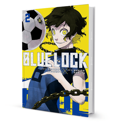 Blue Lock manga volume 2 cover showing a soccer player with a ball and chains, sports fiction comic