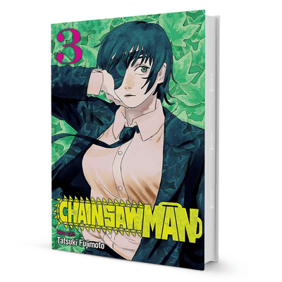 Chainsaw Man Vol 3 manga book cover by Tatsuki Fujimoto showing anime character with green background
