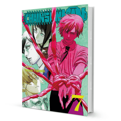 Chainsaw Man Vol 7 manga cover by Tatsuki Fujimoto, vibrant characters and red chains
