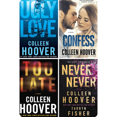 Colleen Hoover book set featuring Ugly Love, Confess, Too Late, Never Never, romance fiction