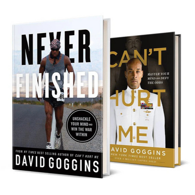David Goggins self-help book combo featuring 'Can't Hurt Me' and 'Never Finished' covers