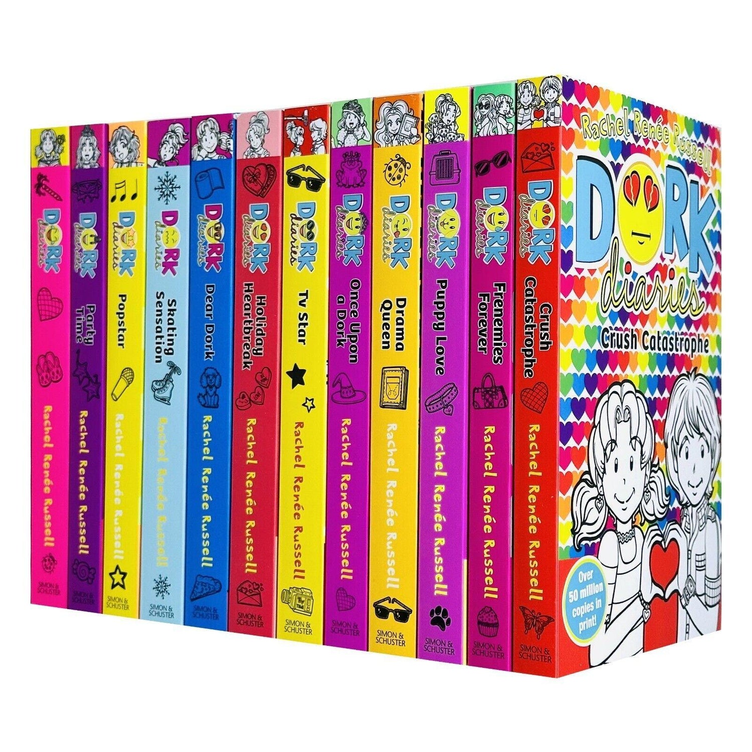 Dork Diaries book set 1-12 by Rachel Renée Russell with vibrant colorful spines and cartoon illustrations