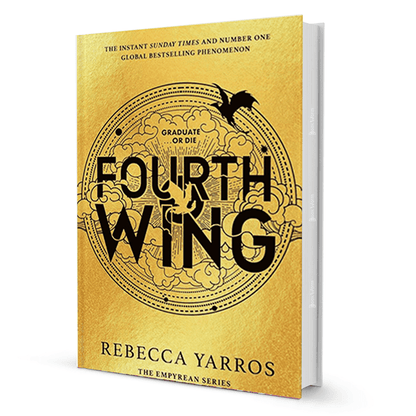 Fourth Wing by Rebecca Yarros fantasy fiction book with gold cover and dragon design