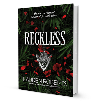 Reckless by Lauren Roberts fantasy fiction book cover with dagger, red petals, and green leaves