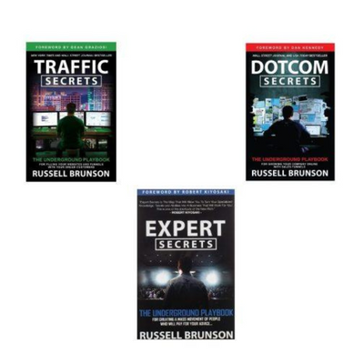 Russell Brunson self-help and business book set, including Traffic Secrets, Dotcom Secrets, and Expert Secrets, ideal for Sri Lanka entrepreneurs