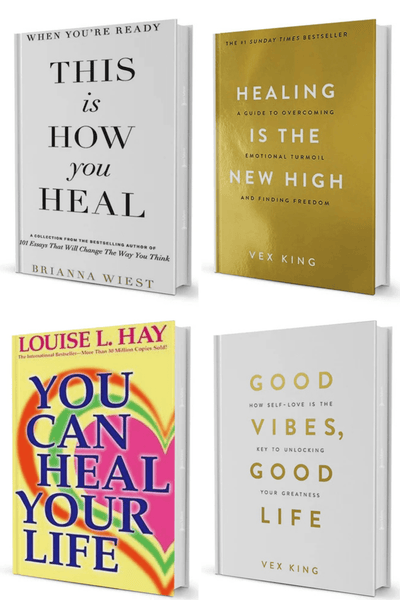 Self-help book set with covers: This Is How You Heal, Healing Is the New High, You Can Heal Your Life, Good Vibes Good Life.