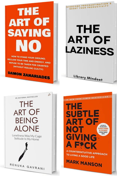 Self-help book combo featuring The Art of Saying No, The Art of Laziness, The Art of Being Alone, and The Subtle Art of Not Giving a Fck, ideal for personal growth readers in Sri Lanka.