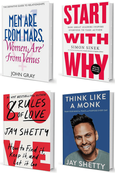 Self-help book bundle featuring Men Are from Mars Women Are from Venus, Start With Why, 8 Rules of Love, and Think Like a Monk for readers in Sri Lanka