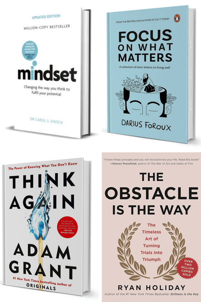Self-help book collection with Mindset, Focus on What Matters, Think Again, The Obstacle Is The Way
