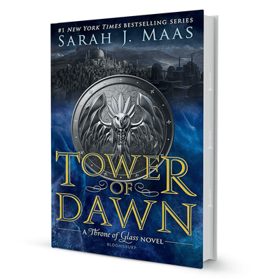 Tower of Dawn by Sarah J. Maas fantasy novel hardcover with silver hawk emblem and cityscape background